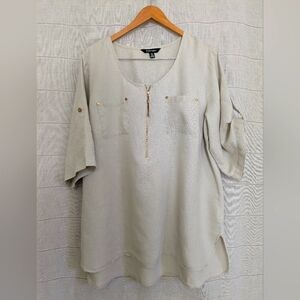 Ellen Tracy Linen 3/4 Sleeve Zip Front Top Size 1X